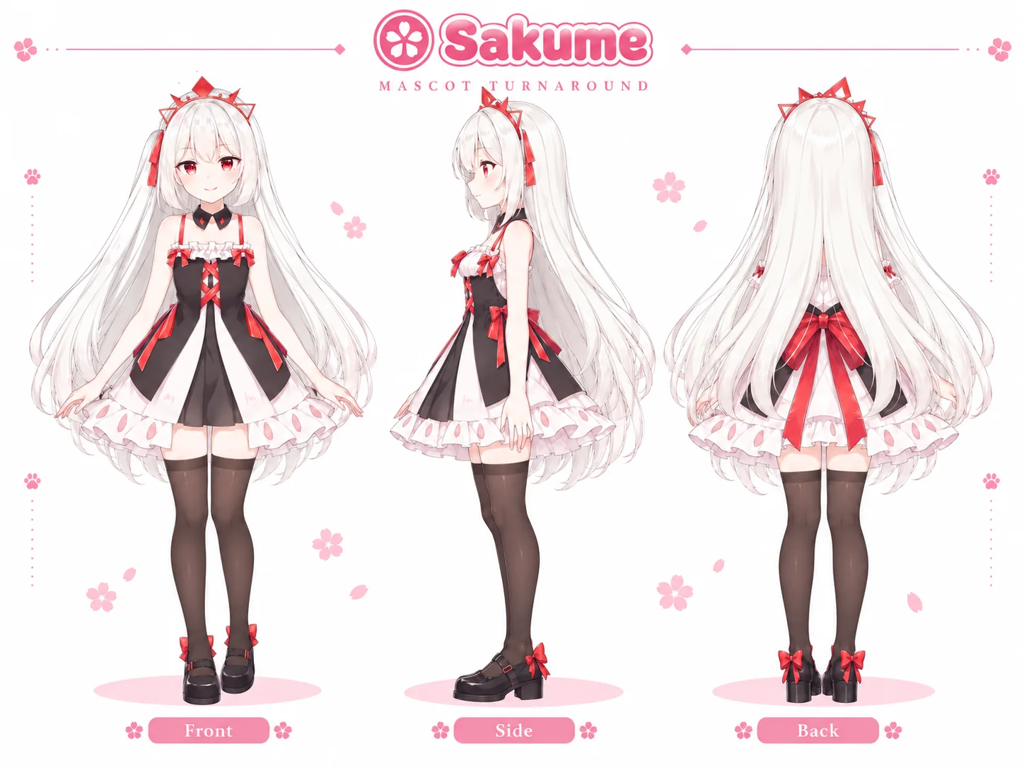 Turnaround della mascotte Sakume – ragazza dai capelli bianchi e occhi rossi con abito bianco e nero e nastri rossi, fronte, lato e retro